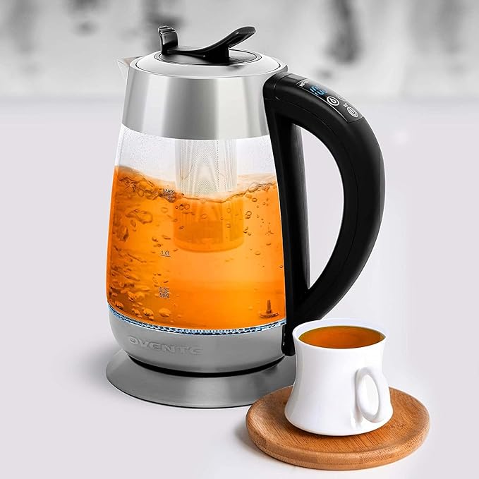 OVENTE Electric Tea Kettle with Temperature Control and Removable Tea Infuser, 1500W Water Boiler and Heater with 1.8L Borosilicate Glass, BPA Free, Auto Shut Off & Boil Dry Protection, Silver KG6610S