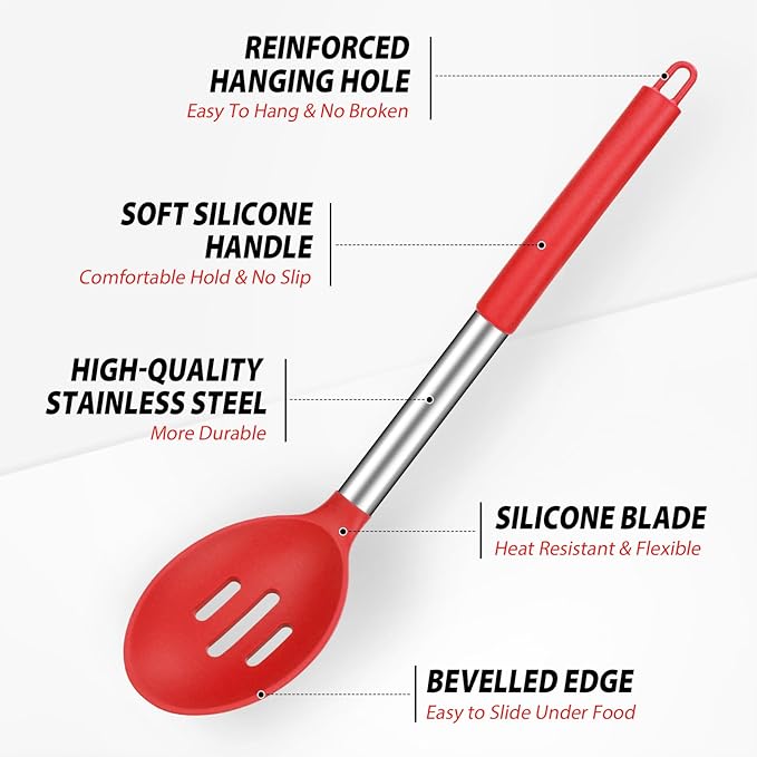 Pack of 2 Large Silicone Cooking Spoons, Non-Stick Stainless Steel Slotted and Solid Spoon Set for Serving, Mixing, Draining, Heat Resistant, Scratch Resistant and BPA Free Kitchen Scoops (Red)