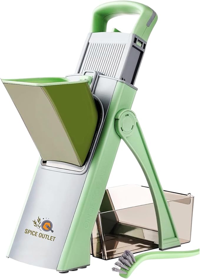 New Upgrade Safe Mandoline Slicer Plus, Biger Size, Adjustable Vegetable Food Chopper Potato Fries Cutter, Detachable Blade, Kitchen Chopping Artifact with Container. Green