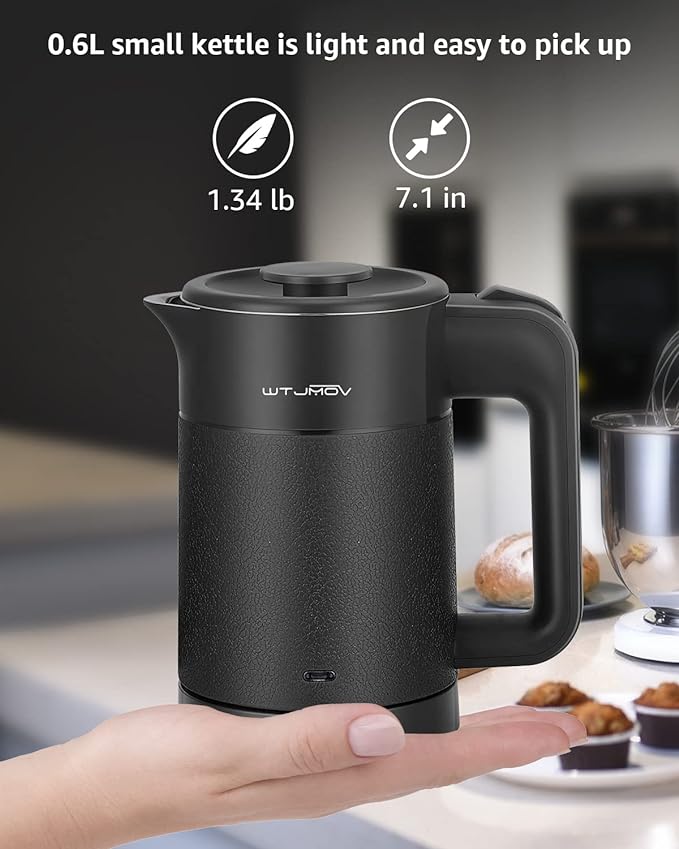 0.6L Small Electric Tea Kettle Lightweight, 20 Ounce Double Wall Hot Water Boiler Stainless Steel Auto Shut-off, 120V Portable Travel Electric Kettle Fast Boil for Tea and Coffee, Black