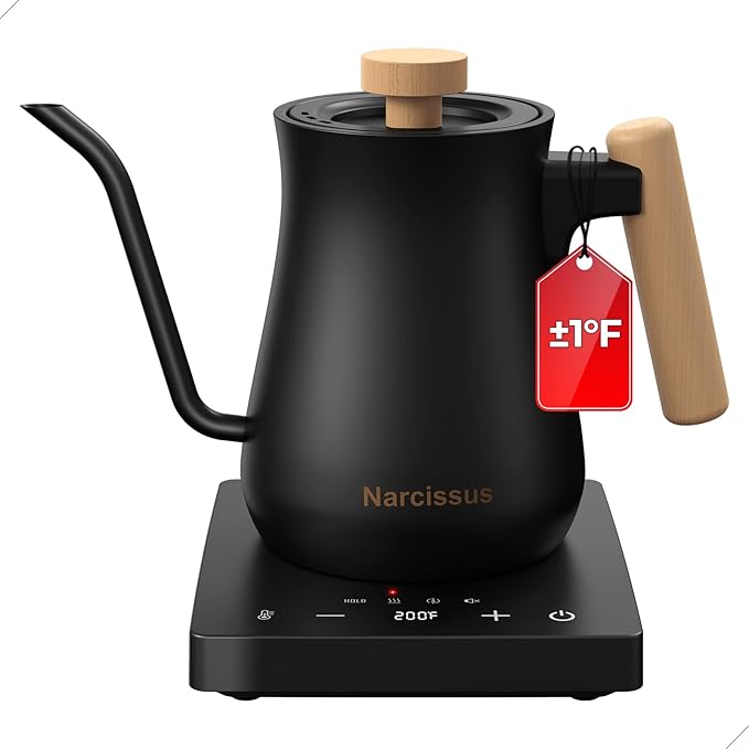 Narcissus P9 Gooseneck Electric Kettle with ±1℉ Temperature Control Function, 1200 Watt Rapid Boiling in 4 Mins, Max 6 Hours Keeping Warm, 304 Stainless Steel Interior - BPA Free, Black