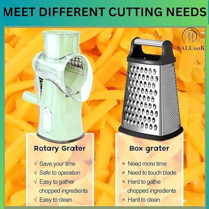 5-in-1 Manual Rotary Cheese Grater with Handle – Stainless Steel Replaceable Blades for Slicing, Shredding, Grinding & Wavy Cuts – Strong Suction Base, Blade Storage Box – White