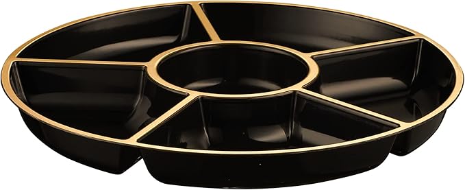 Plasticpro 6 Sectional Round Plastic Serving Tray/Platters Black & Gold Pack of 4