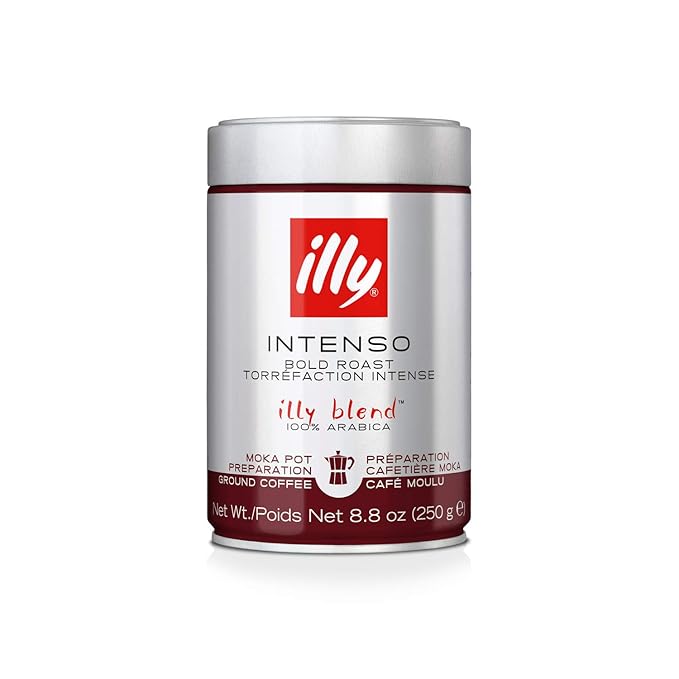 Illy Ground Moka Coffee - Intenso Bold Roast - Mild & Balanced - 100% Arabica - Pre-Ground for Moka Pot - Pressurized Packaging Sealed for Freshness - 8.8oz (Pack of 6)
