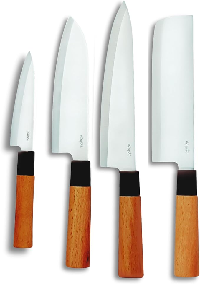HIROSHI Sushi & Sashimi Knife Set 4-Piece High Carbon Stainless Steel Japanese Chef Knives with Beech Wood Handle Professional Kitchen Knife Set for Precision Cutting
