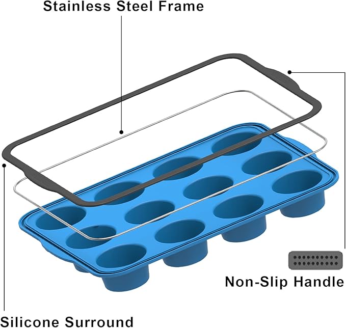Aichoof Non-Stick Silicone Muffin Pan With Reinforced Stainless Steel Frame Inside,12 Cup Regular Muffin Baking Mold, 12 Cup Muffin Tin, BPA Free,Dishwasher Safe, Blue