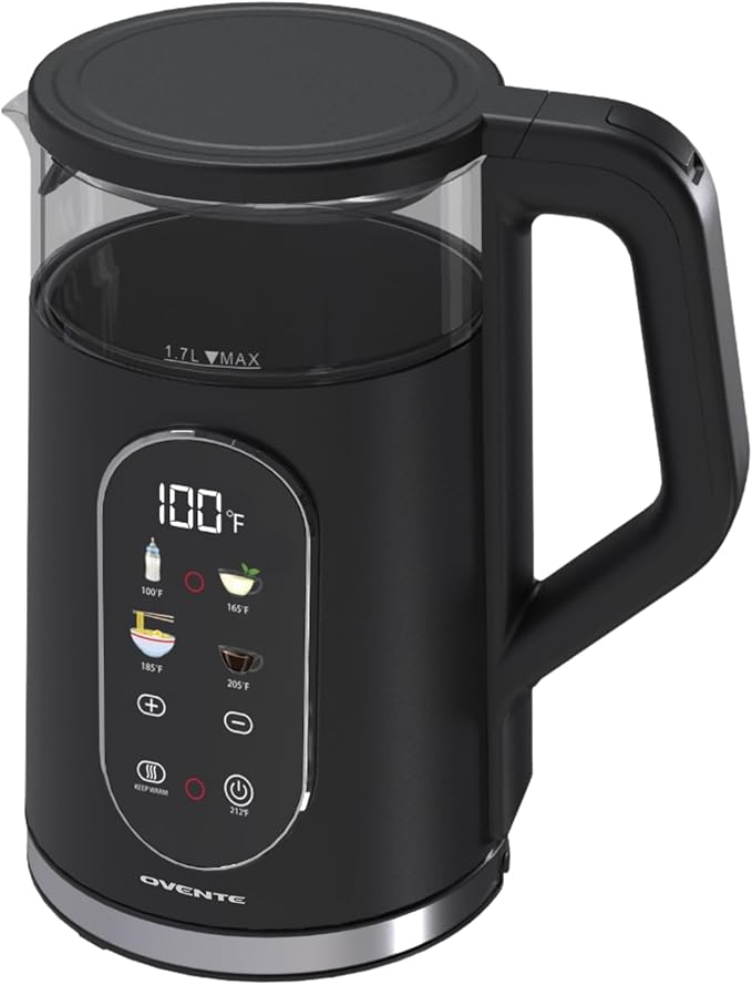 OVENTE Electric Kettle, 1.7L Fast Boiling Water Heater with Digital Touchscreen, Double-Wall Cool Touch Exterior, 5Hr Keep Warm, Auto-Shut Off, Boil-Dry Protection and Borosilicate Glass, Black KD96B