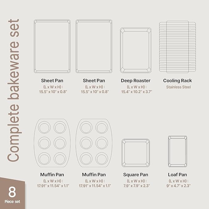 Bakken 8-Piece Ceramic Coated Bakeware Sets, Nonstick Aluminized Steel Pans with Muffin, Loaf, Cake, Roasting Pan, & Cooling Rack, Oven Safe Up To 500°F, Dishwasher Safe, BPA, PTFE & PFAS Free, Black