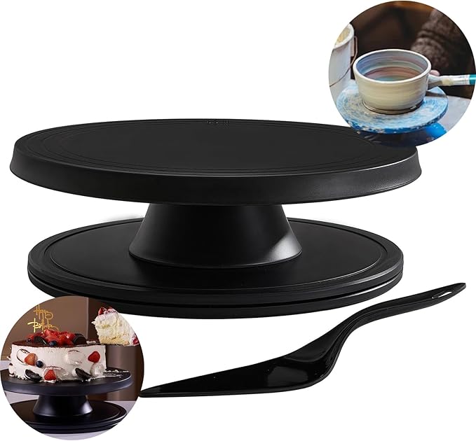 Cake Stand, 12'' Rotating Cake Turntable Revolving Cake Spinner Stand Cake Decorating Kit Display Stand Bamboo Fiber Turns Smoothly Painting Turn Table Stand for Pastries, Cupcakes(Black, L)