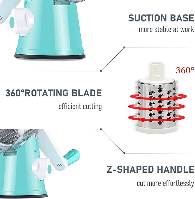 Rotary Cheese Grater with Handle Vegetable Shredder Round Kitchen Slicer Mandoline Grater for Vegetable, Nuts, Chocolate, Cheese, White, 3 Stainless Steel Blades
