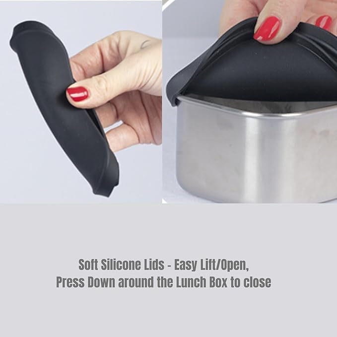 Flexibento - Leak proof Stainless Steel Bento Box | Stainless steel Snack Containers | Food Containers with Silicone Lids | Metal Food Containers| Bentobox - Black, 52 Oz Set (set of 5)