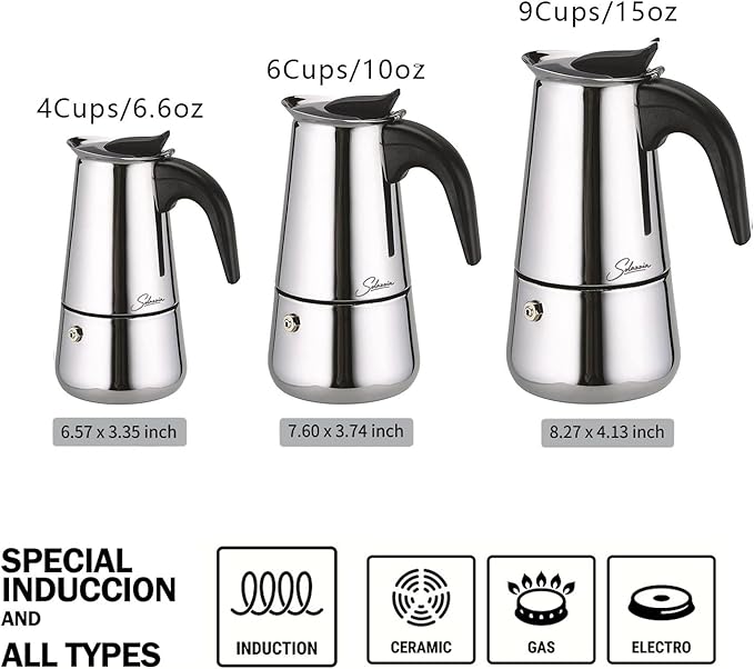 Coffee Maker 6 Cup Moka Pot Stainless Steel Percolator coffee pot Espresso Maker, Compatible with Gas, Electric, Ceramic, and Induction stovetops(10 fl oz/300 ml)