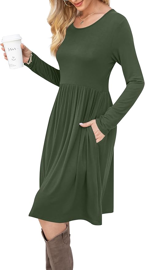 DB MOON Women Casual Long Sleeve Dresses Empire Waist Knee Length Loose Dress with Pockets
