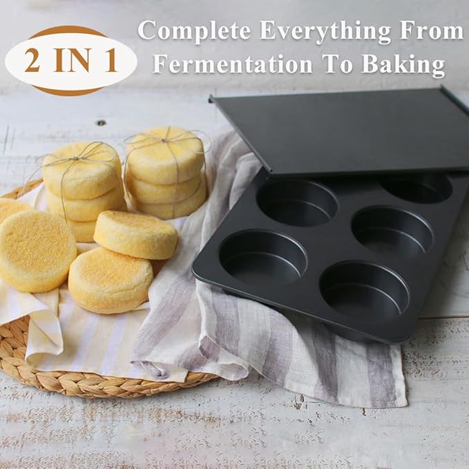 6 Cup Straight Side Jumbo English Muffin Cupcake Pan with Lid Hamburger Burger Bun Egg Sandwich Frittata Cinnamon Roll Focaccia Quiche Pancake Nonstick Baking Tin Tray Mold