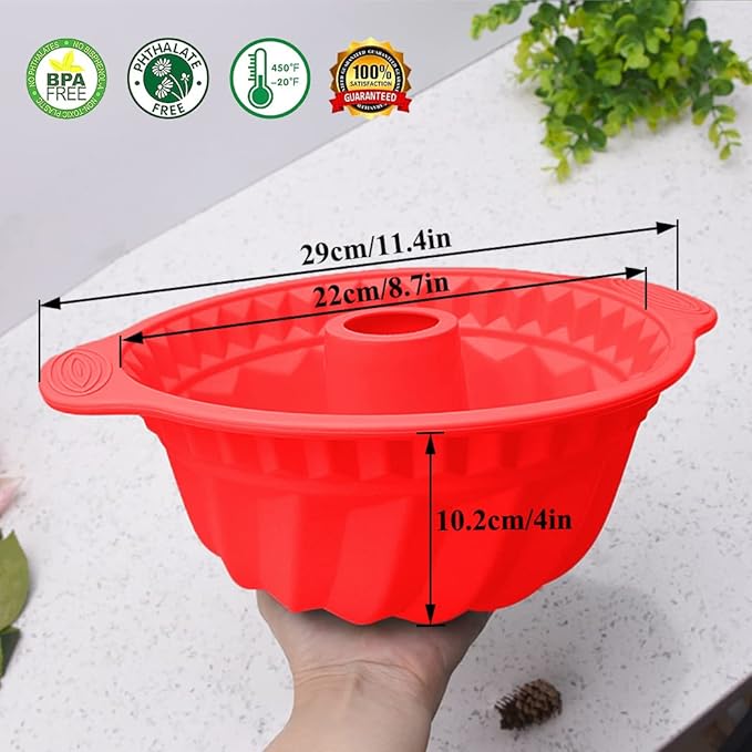 Kenond 9.5 Inch Silicone Cake Pans, Non-stick Fluted Cake Pan with Sturdy Handle, Cake Baking Molds, Perfect Bakeware for Cake, Jello, Gelatin, Bread, Para Gelatinas (Red)