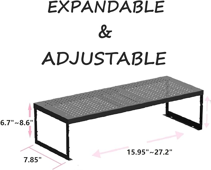 Stackable Expandable Metal Shelf Organizer - Adjustable Wire Storage Rack with Holes for Kitchen, Bathroom, Cabinet, Office - Space Saving, Durable & Sturdy Design（2PACKS/Medium/Black