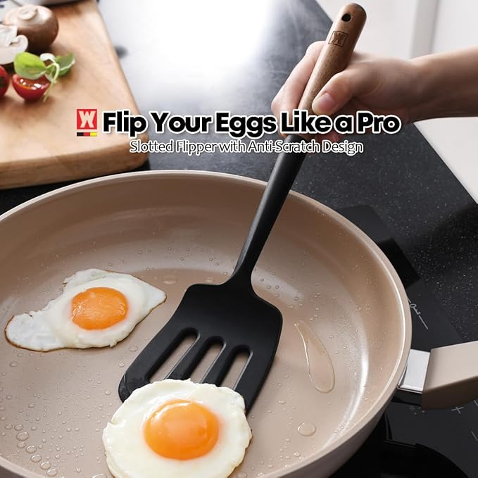 Set of 2pc Silicone Cooking Utensils: Wooden Handle Slotted Spatula + Cooking Skimmer, Heat Resistant Cooking Utensil, BPA Free, Safe Material for All Cooking Surfaces, Non-Slip Grip