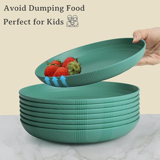 Wrova Wheat Straw Plates - 10 Inch Unbreakable Dinner Plates Set of 8 - Dishwasher & Microwave Safe Plastic Plates Reusable for Indoors and Outdoors (Green)