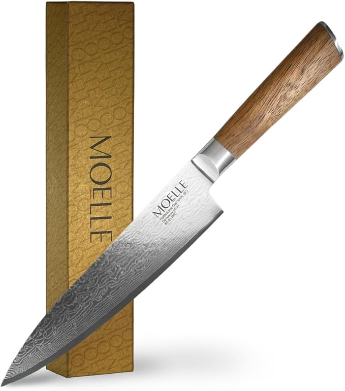 MOELLE Premium Teak Wood Chef Knife 8" - VG10 Damascus Steel 67 Layers, 60+ HRC - Japanese Damascus - Danish Design Kitchen Knife with Elegant Gift Packaging
