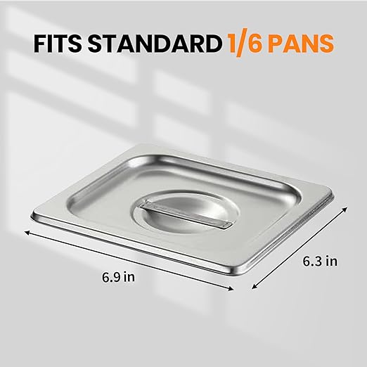 Hotel Pan Lids 6 Pack– Fits 1/6 Size Stainless Steel Steam Table Pans, Anti-Jam Food Pan Cover for Catering, Buffet Use, Kitchen Prep