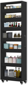 7-Tier Slim Storage Cart, Wooden Rolling Pantry Cabinet with Wheels, Narrow Shelf Organizer for Kitchen, Bakers Rack, Dining Room, Closet, Small Spaces Dark Walnut 73.2" H*9.8" W*23.6" D