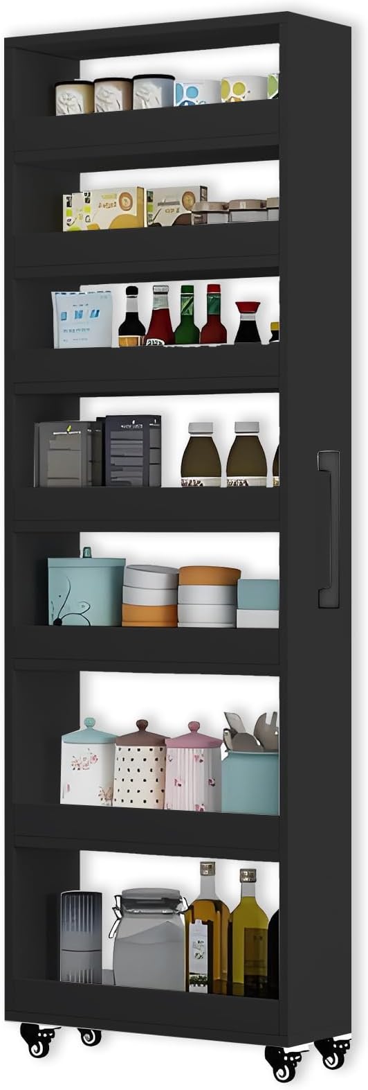 7-Tier Slim Storage Cart, Wooden Rolling Pantry Cabinet with Wheels, Narrow Shelf Organizer for Kitchen, Bakers Rack, Dining Room, Closet, Small Spaces Dark Walnut 47.2" H*9.8" W*23.6" D
