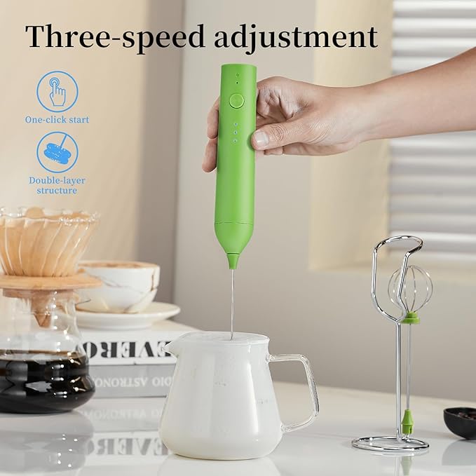 Rechargeable Milk Frother Set by ELMWAY, Electric Drink Blender with Wand and Egg Whisk, Foam Maker Mixer, Milk Frother Handled for Coffee, Latte, Matcha, Protein Powder (Green with Stand)