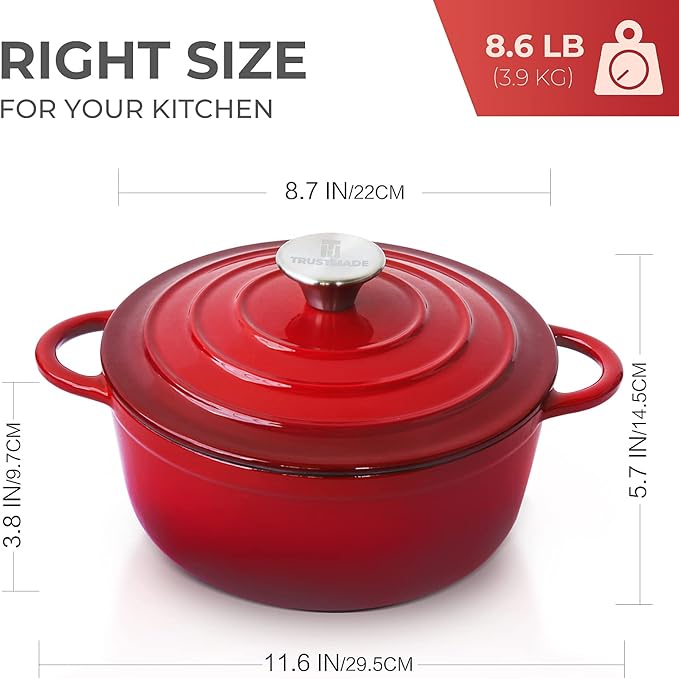 Trustmade 3 QT Cast Iron Dutch Oven, Enamel Coated Cookware Pot with Self Basting Lid for Home Baking, Braiser, Cooking, Red