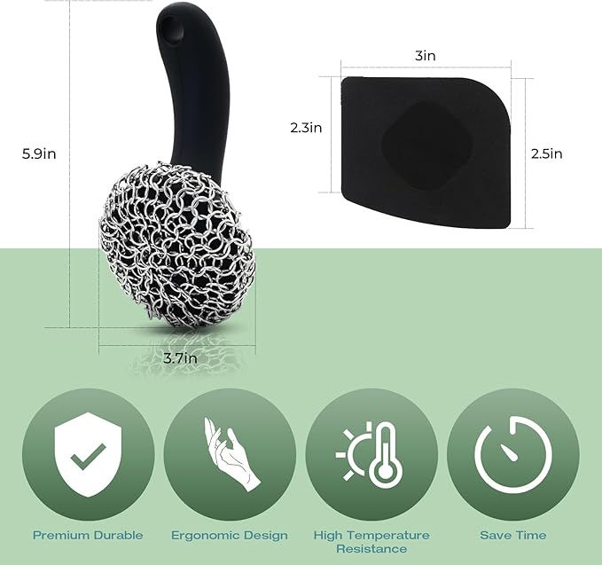 Cast Iron Scrubber with Long Handle | 316 Cast Iron Cleaner Chainmail Scrubber for Cast Iron Pan Skillet Cleaner - Dish Scouring Pad Dishwasher Safe Cleaning Kit (Black, 1 Scrubber + 1 Scraper)