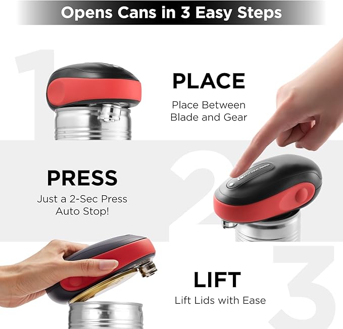 Kitchen Mama One-To-Go Electric Can Opener: One Touch, Auto Stop, Smooth Edge, Lid Lift, Safety, Automatic, Magnetic, Cordless, Battery Operated, Kitchen Appliance for Senior with Arthritis (Red)