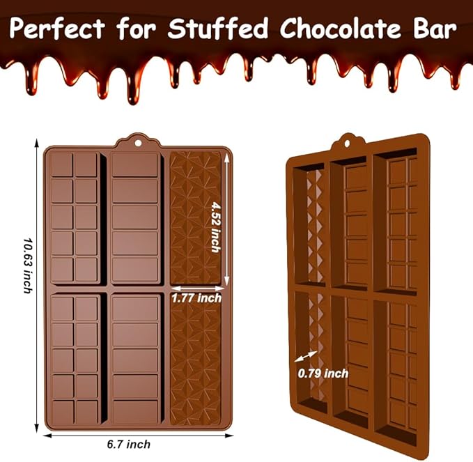 Deep Chocolate Bar Molds, 2 Pack Candy Bar Silicone Molds, Non-Stick 6 Cavities Thick Silicone Dubai Kunafa Pistachio Kit for Filling Chocolate Bar with Scraper