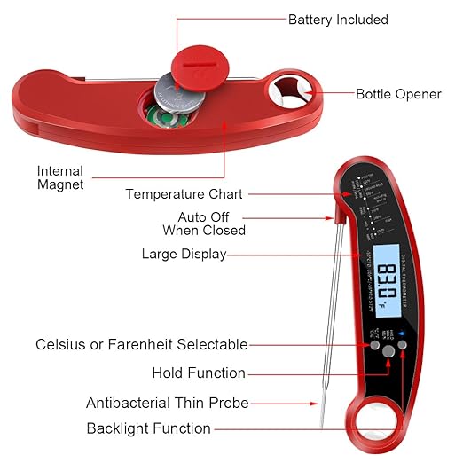 Cooking Thermometer,IP67 Waterproof Digital Meat Thermometer with Backlight, Calibration & Hold Function，Food Thermometer for Cooking,Outdoor Grilling,Candy Making