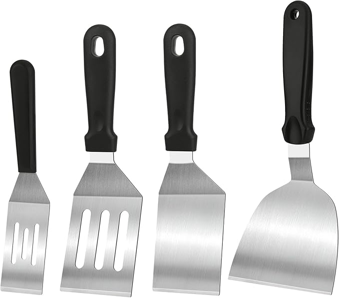 4-Pack Stainless Steel Spatulas for Cast Iron Skillet - Heat Resistant Handle Metal Turner & Scraper Set for Griddle, Pancakes, Burgers and Regular Cookware