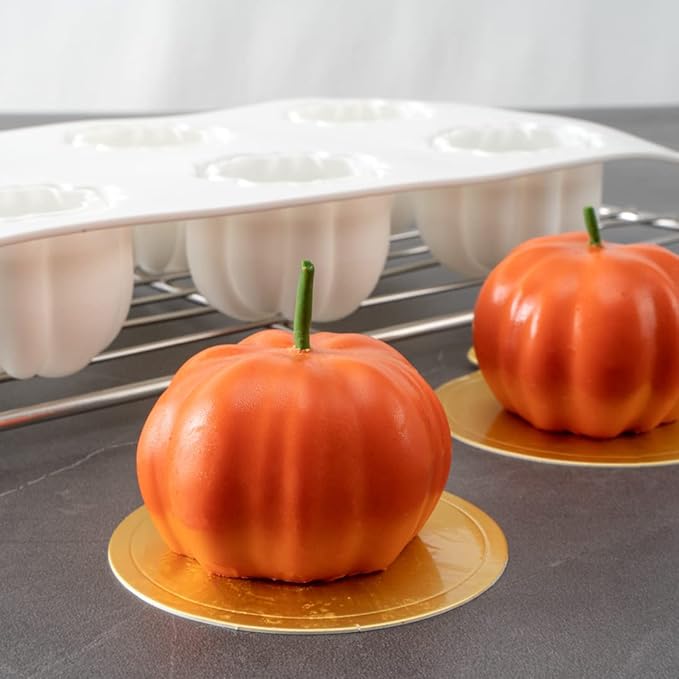 Restaurantware-Pastry Tek 6 Cavities Pumpkin Cake Mold, 1 Oven-Ready 3D Pumpkin Mold - Flexible, Freezable, White Silicone Baking Mold, Easy Release, For Baking Treats