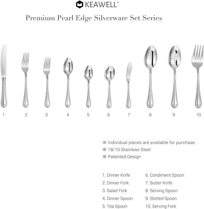 KEAWELL Pearl Edge 4-Piece Premium Fork Set, 18/10 Stainless Steel, Fine Silverware with Mirror Finish, Dishwasher Safe (4, 8" Dinner Forks)