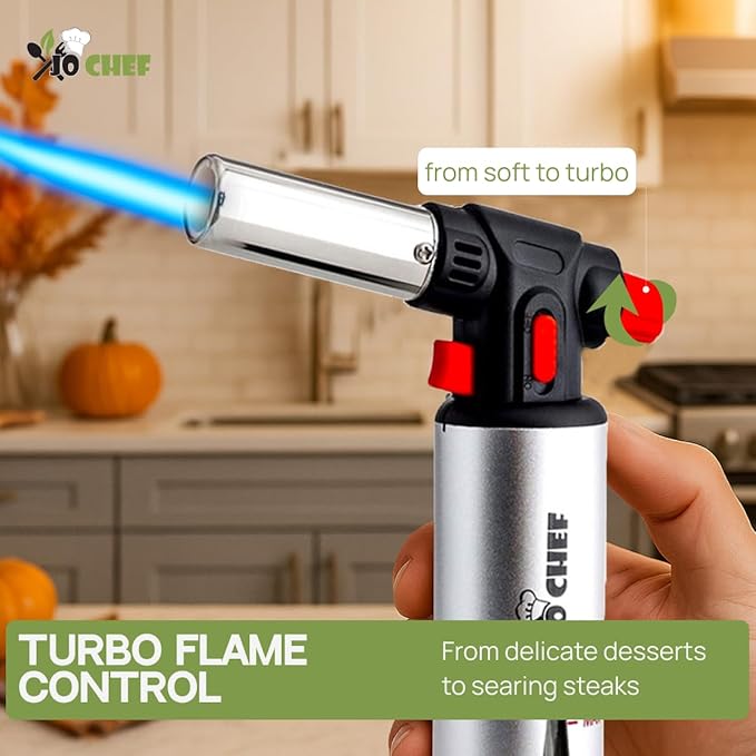 Jo Chef Kitchen Torch With Butane included, Refillable Butane Torch, Creme Brulee Torch, Blow Torch Lighter gun With Safety Lock & Adjustable Flame, 3 Cans (3.38oz) Included