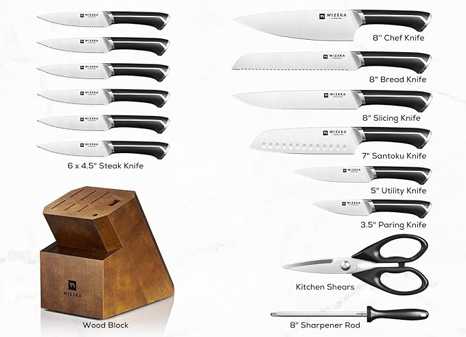 WIZEKA 15-Piece knife set, High Carbon Stainless Steel Kitchen Knife Set, Ultra Sharp Knife Block Set with Sharpener, Black, Crown Series