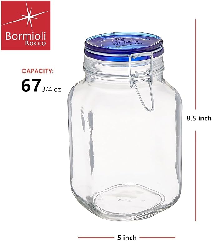 Bormioli Rocco Fido Square Jar with Blue Lid, 67.5-Ounce