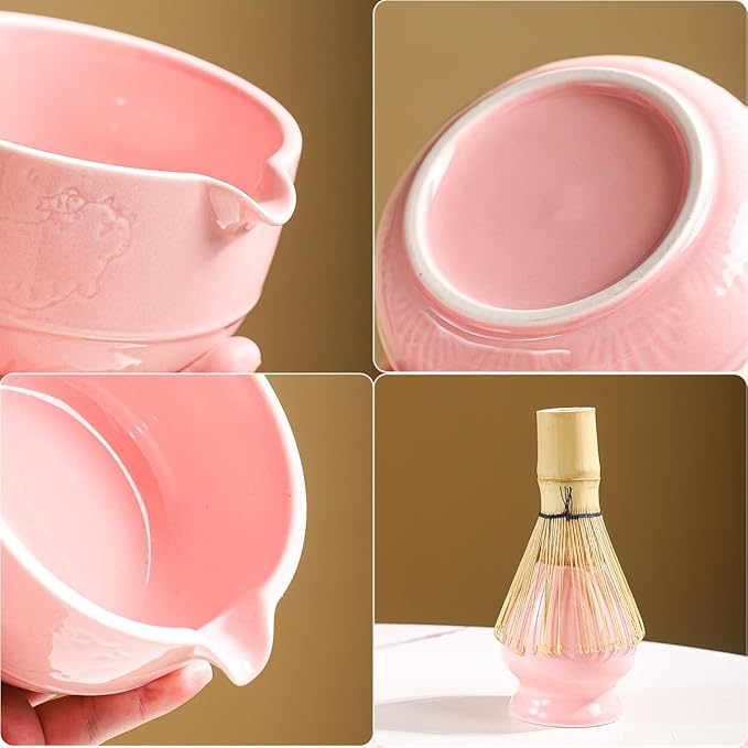Matcha Tea Set, 5-Piece Ceramic Matcha Bowl & Whisk Kit with Cute Cat Pattern, Traditional Japanese Chawan, Scoop & Sifter, Perfect for Tea Ceremony, Gift for & Tea Lovers (pink)