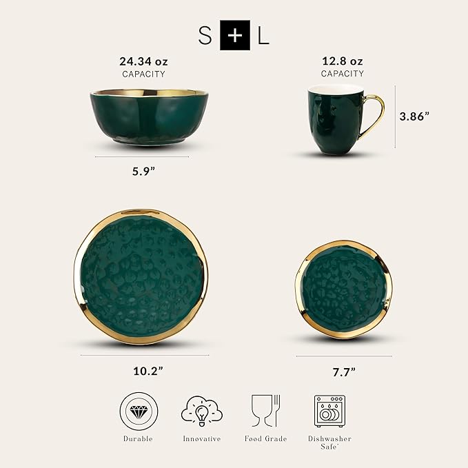 Stone Lain Florian Modern Porcelain 16 Piece Dinnerware Set, Plates and Bowls Set, Dish set for 4, Green and Golden Rim