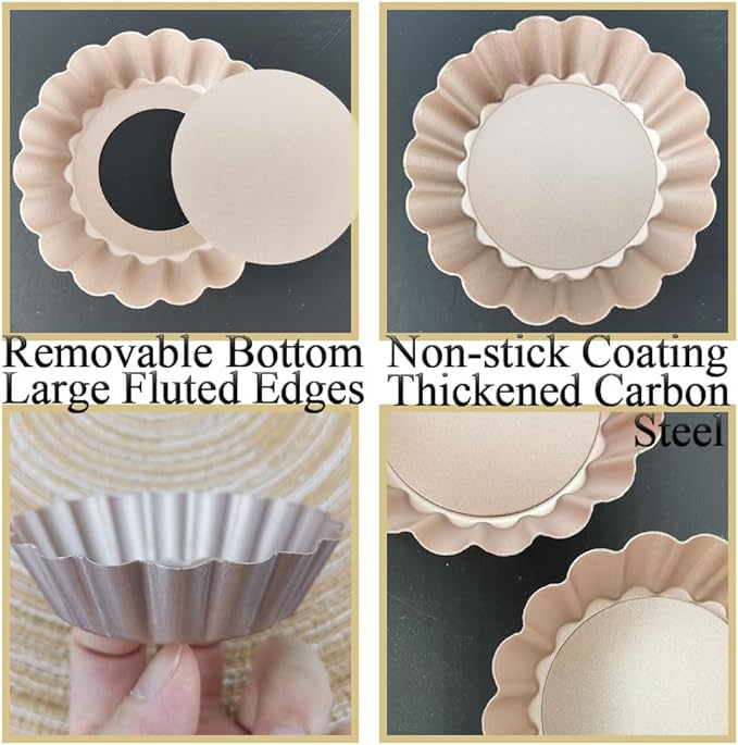 DATANYA Mini Tart Pans Removable Bottom 3 Inch, Carbon Steel Nonstick Quiche Pan Pie Tart Tin Mold, 0.8inches High for Baking Tartlets, Pies, Cakes, Cupcakes - Premium Champagne Gold 12PCS
