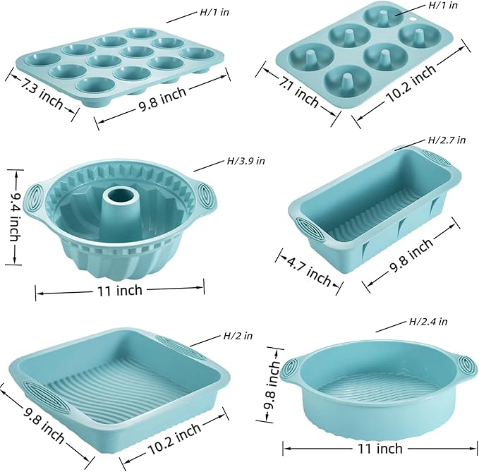 Nonstick Silicone Bakeware Set, 6 set Baking Cake Pan, Economical BPA Free Heat Resistant Bakeware Tools for DIY Loaf Bread Cheesecake Pizza Cupcake Muffin (Blue)