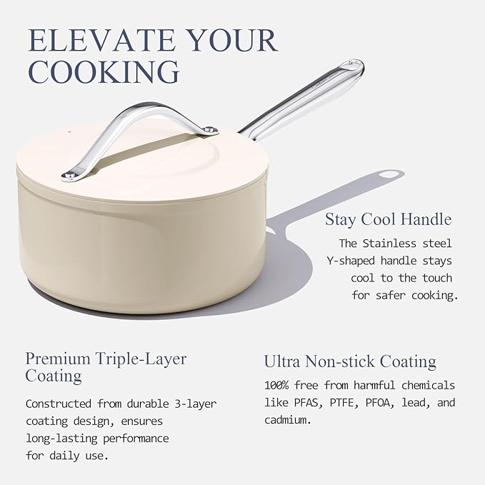 3.5QT Nonstick Ceramic Sauce Pan with Lid Soup Pot Even Heat Distribution, Non Toxic PFAS-Free Small Cooking Pot for All Stovetops (Induction/Gas/Electric), Oven Safe 500°F, Cream