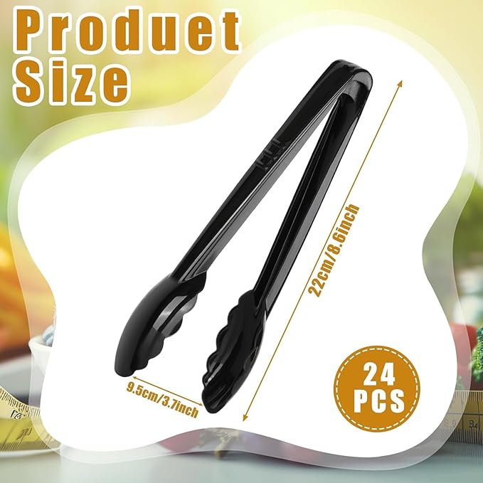 24 Pc Plastic Tongs for Serving 9 Inch Bulk Reusable or Disposable Tongs Heavy Duty Hard Plastic Serving Utensils Set Large Salad Tong for Kitchen Party Food Buffet Appetizer BBQ Event Catering(Black）