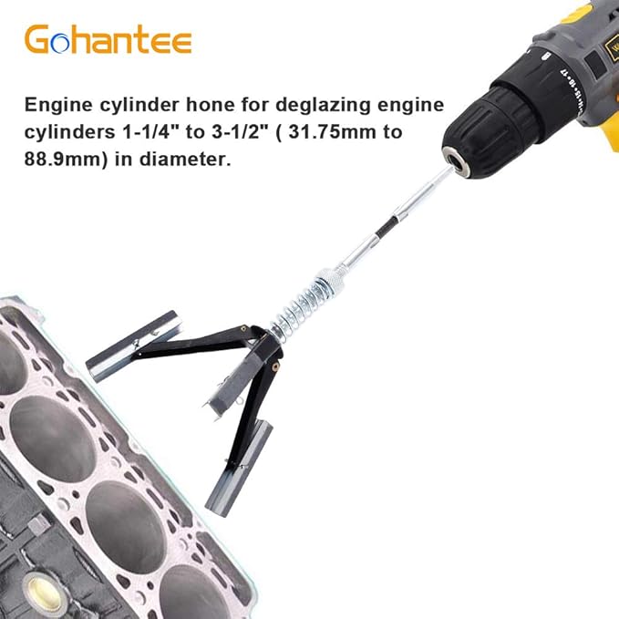 gohantee Engine Cylinder Hone Deglazer Adjustable 1-1/4" to 3-1/2" Diameter with 3-Piece 2" Long Stones 220 Grit