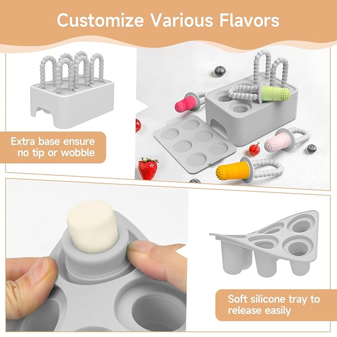 Morlike Baby Tiny Pops, 100% Silicone Popsicle Mold for Infants 4 Months +, Breastmilk Ice Pop Molds Teethers for Teething Relief, Baby Essentials, BPA Free & Dishwasher Safe (Grey)