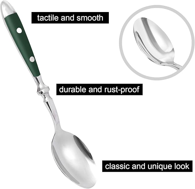 5-Piece Silverware Set, 304 Riveted Stainless Steel Flatware Set, Service for 1, Vintage Cutlery Set with Green Bakelite Handle, Mirror Polished | Rustic | Dishwasher Safe