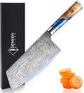 SENKEN Damascus Steel Cleaver Knife - Tsunami Collection - 67-Layer Japanese VG10 Steel - Unique Blue Resin & Natural Wood Handle, Razor Sharp, Beautiful Damascus Wave Pattern (7.5" Cleaver Knife)