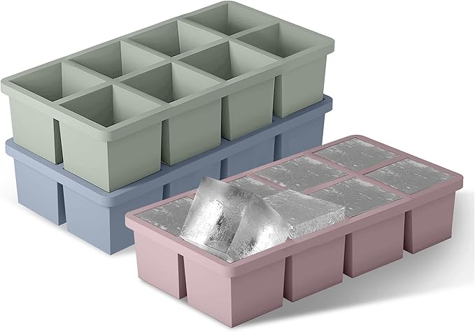 Samuelworld Large Silicone Ice Cube Tray Molds, 3-Pack, Big 2 Inch Cubes - Food Grade, Flexible, 8 Cavity Easy Release Slow Melting Ice for Whiskey, Cocktails, Gifts & Christmas - Green/Pink/Blue
