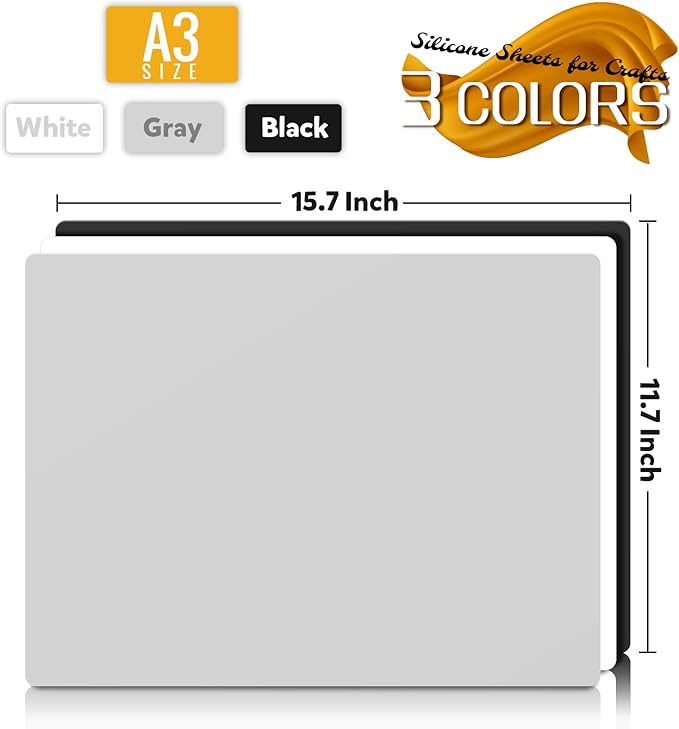 LEOBRO Silicone Mat, 3 PCS Silicone Mats for Crafts, Resin Molds, Play Dough Mat, Clay Mats, for Epoxy Resin, Crafts, Black & Light Gray & White, 15.7”x 11.7